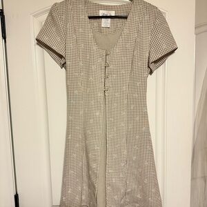 Liz Claiborne Beige Gingham Short-Sleeve A-Line Dress
